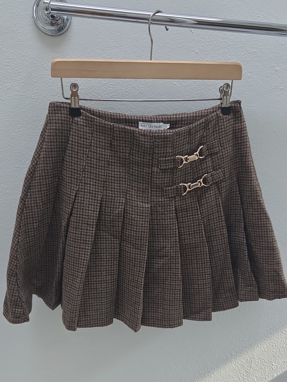Avec Les Filles Brown Plaid Pleated Skater Skirt with Gold Buckles